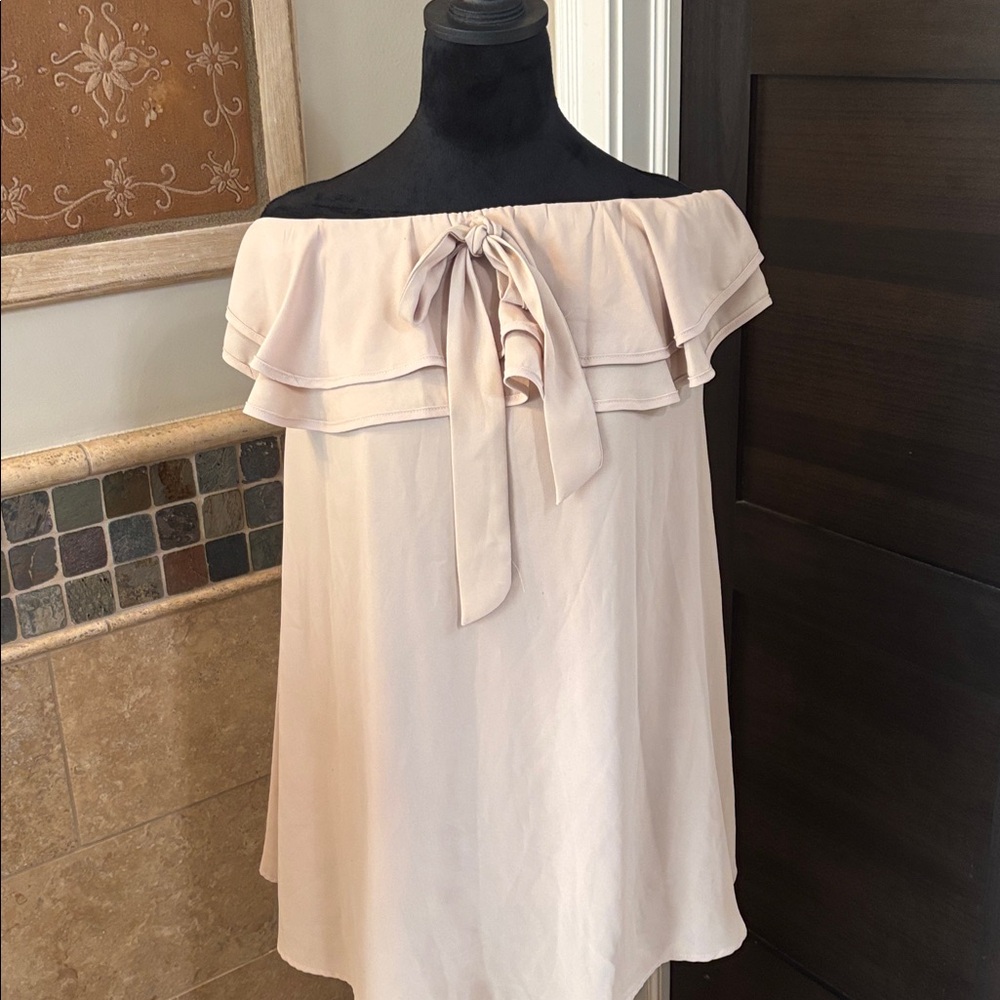 Turquoise Haven Off-Shoulder Ruffle top in Beige